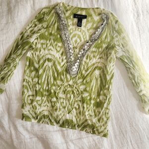 INC International Concepts Sheer Green Patterned Blouse with Sequin Trim